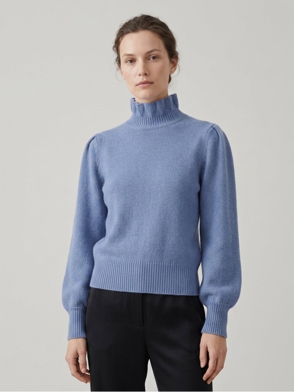 Co Cashmere Wool Ruffle Mock Neck Puff Sleeve Sweater Blue Size XS